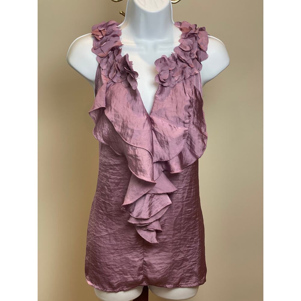 A Diva Purple Crepe Sleeveless Ruffle Neck Top Size M NWT